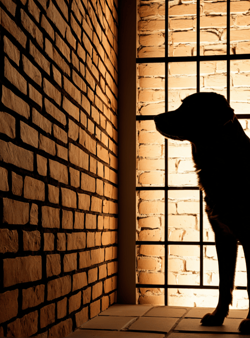 dog, brick wall, window