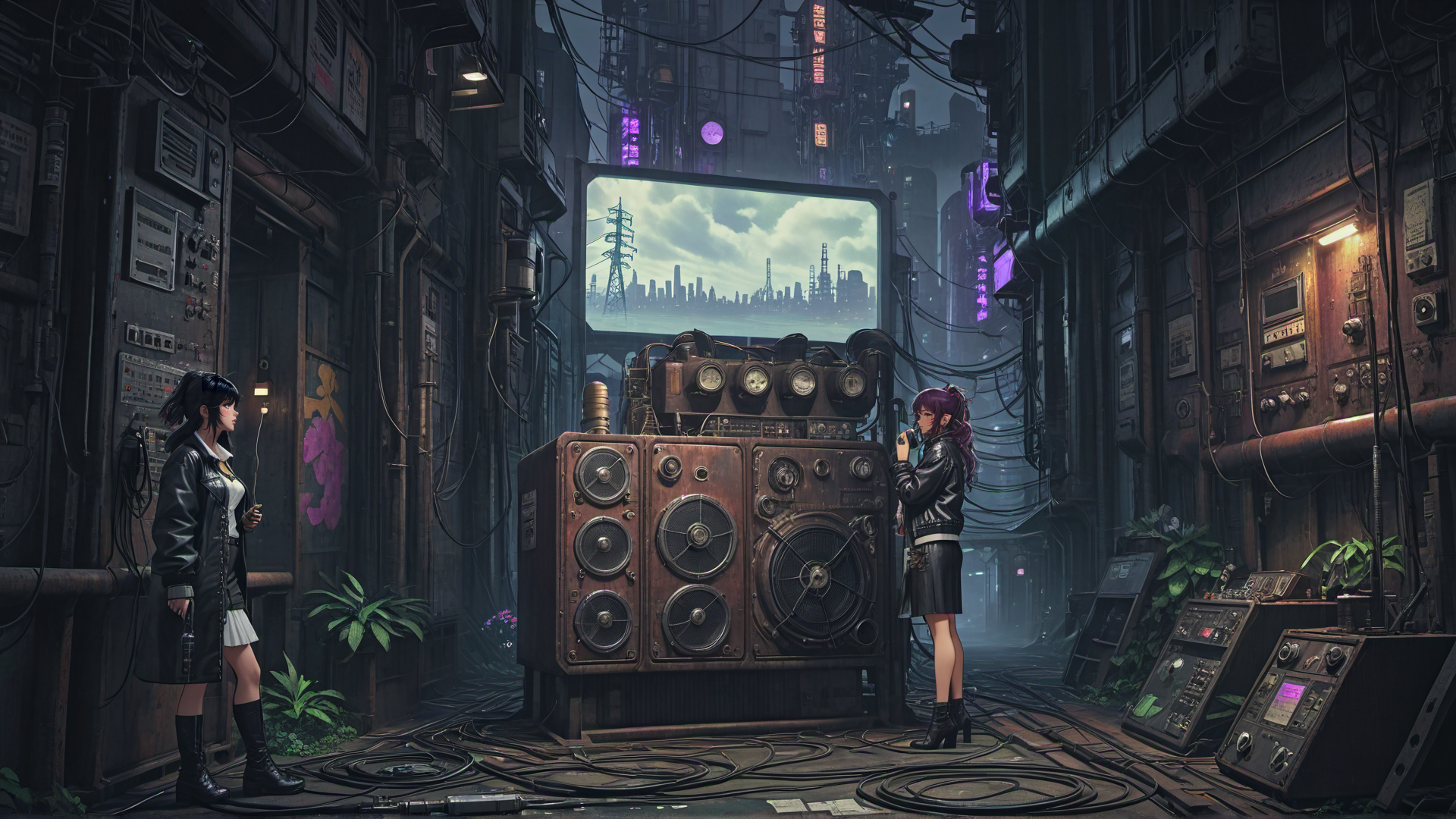 AI generated wallpaper featuring women, radio, cityscape