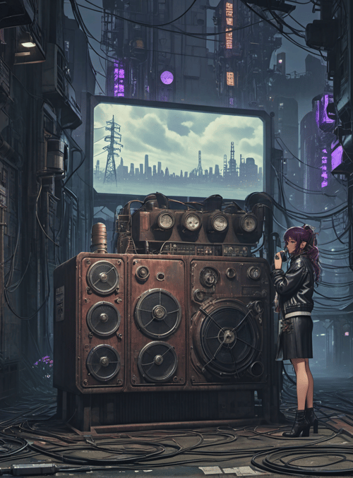 women, radio, cityscape