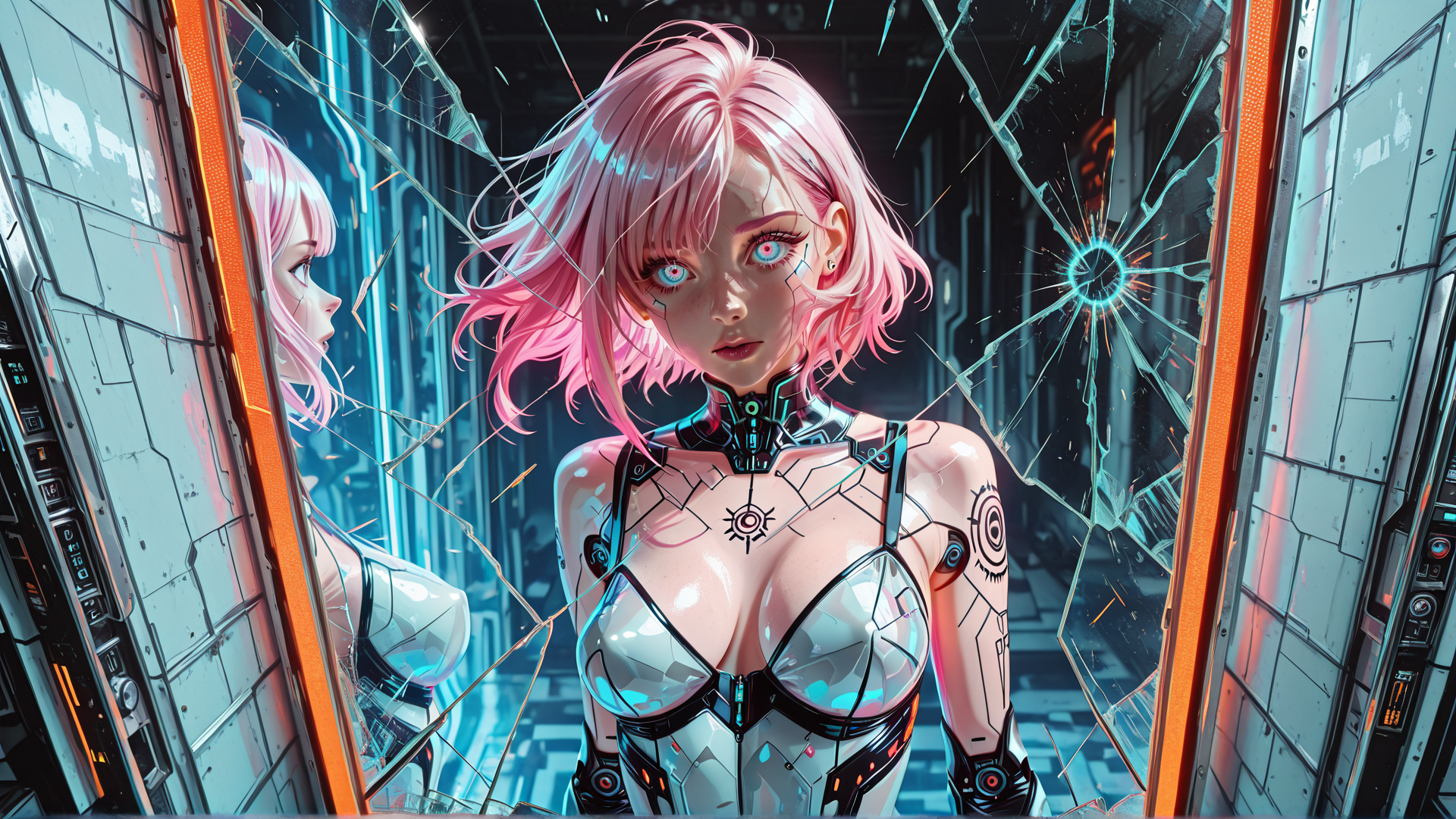 AI generated wallpaper featuring cyborg, woman, mirror, glass, robot, futuristic, glasses, pink, hair, eyes