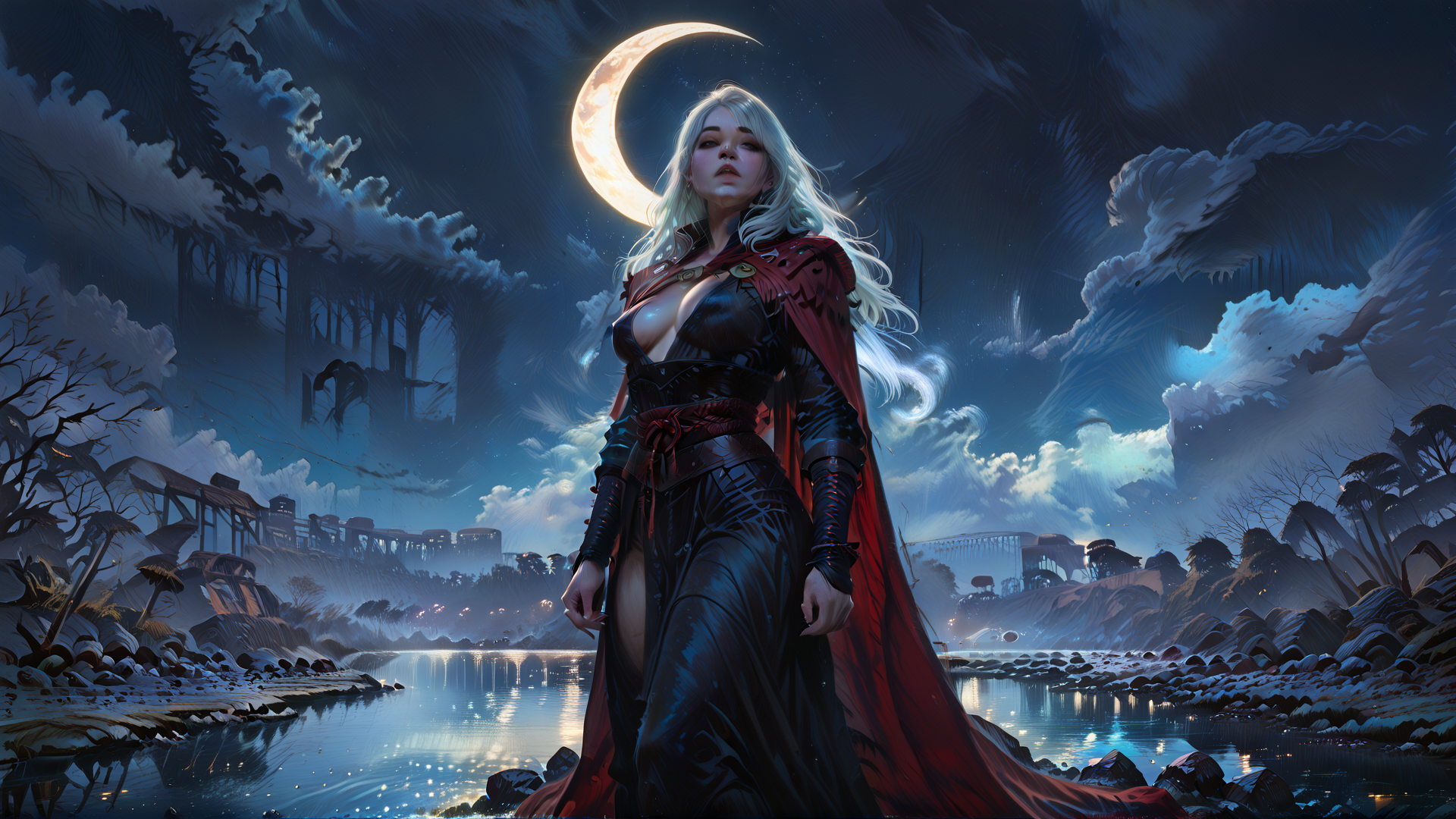 AI generated wallpaper featuring woman, crescent moon, forest, river, ruins