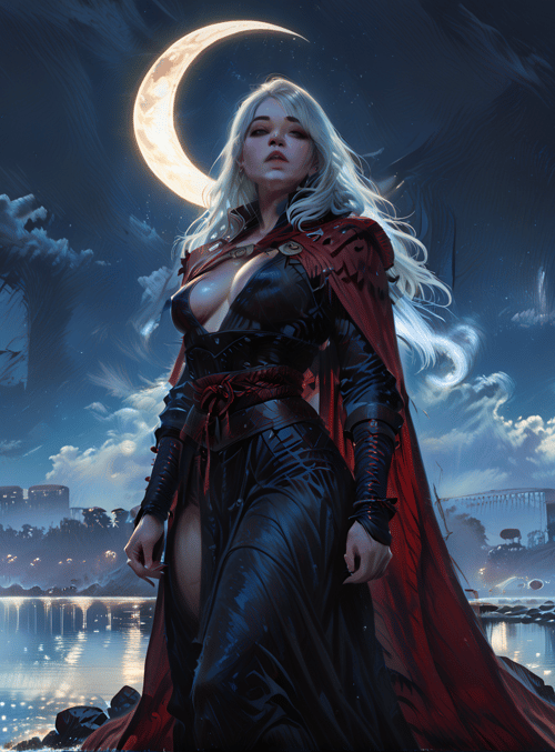 woman, crescent moon, forest, river, ruins