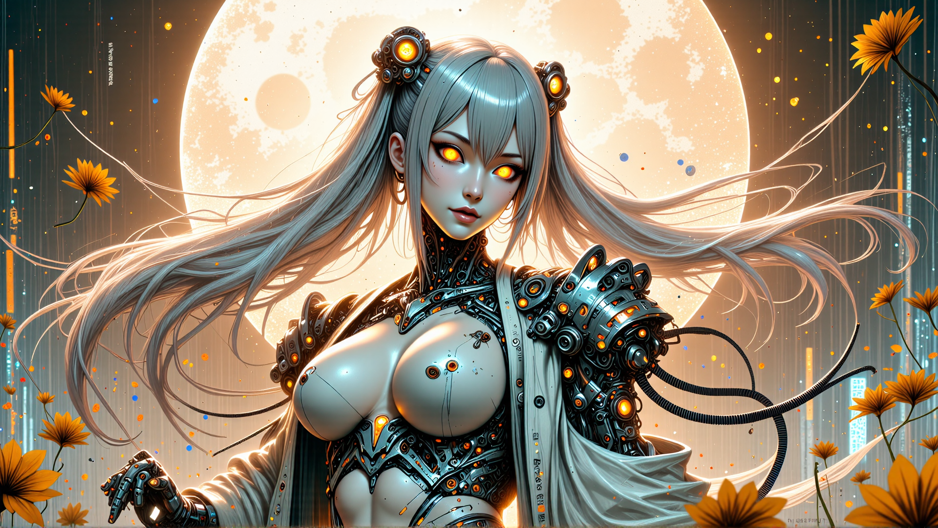 AI generated wallpaper featuring cyborg, woman, robot, flower, moon, mechanical, hair, gloves, body, ears