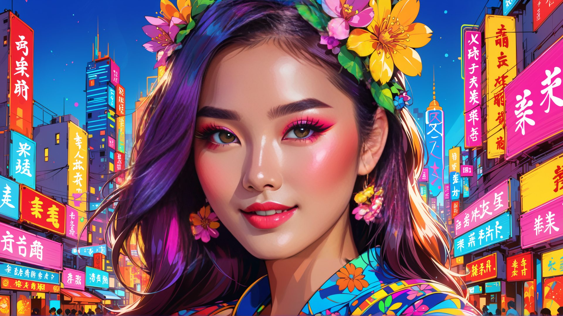 AI generated wallpaper featuring woman, cityscape, flowers