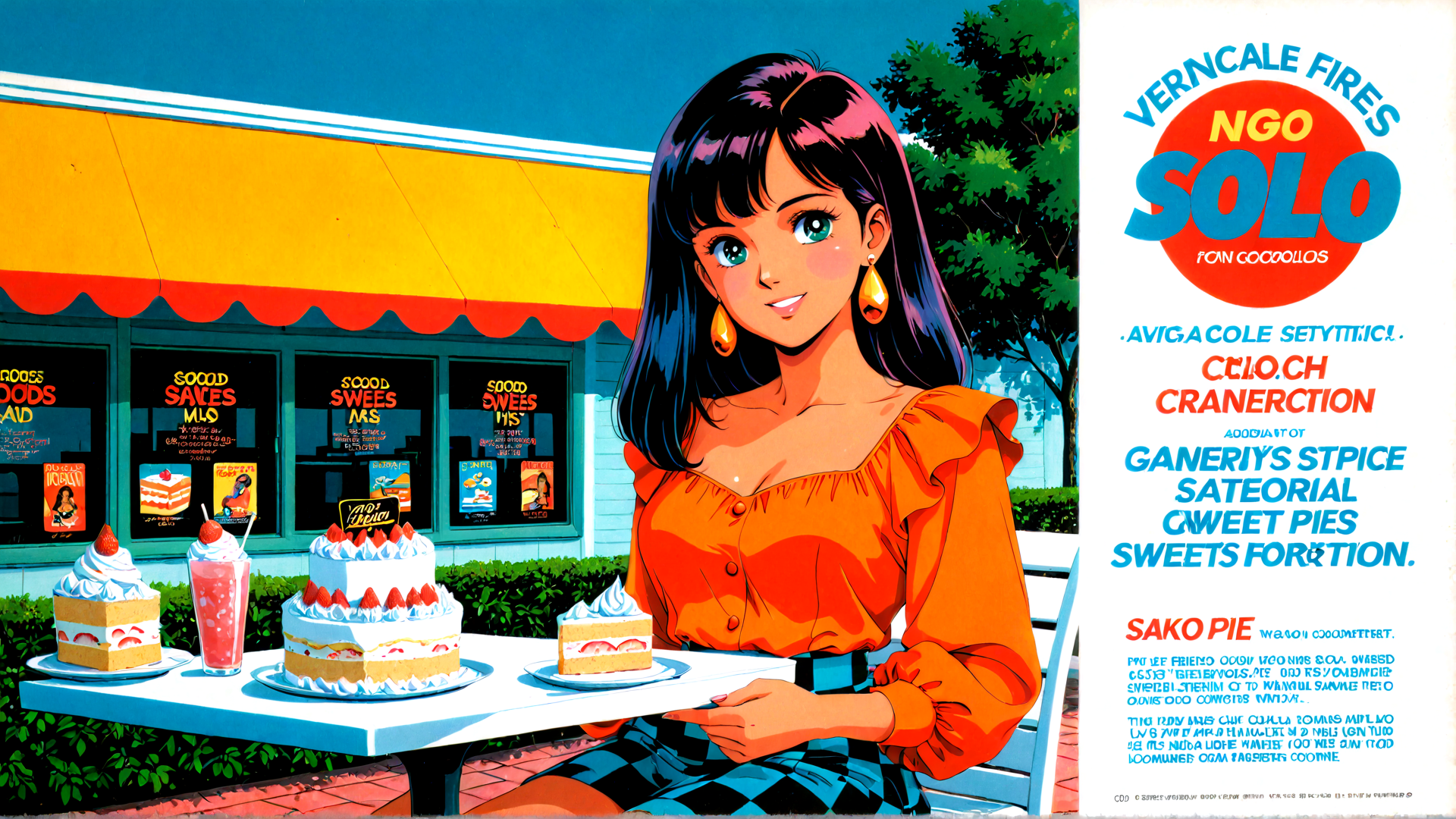 AI generated wallpaper featuring woman, cake, shakes, store, poster