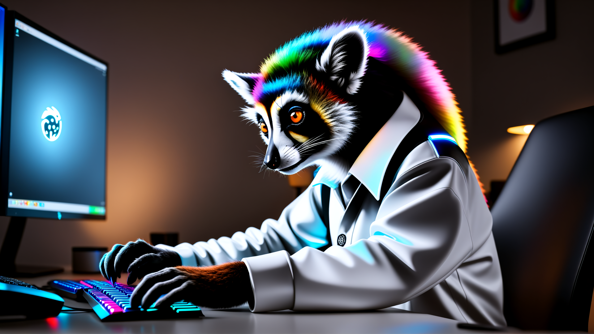 AI generated wallpaper featuring anthropomorphic raccoon, computer, keyboard, monitor, gaming setup, furry character
