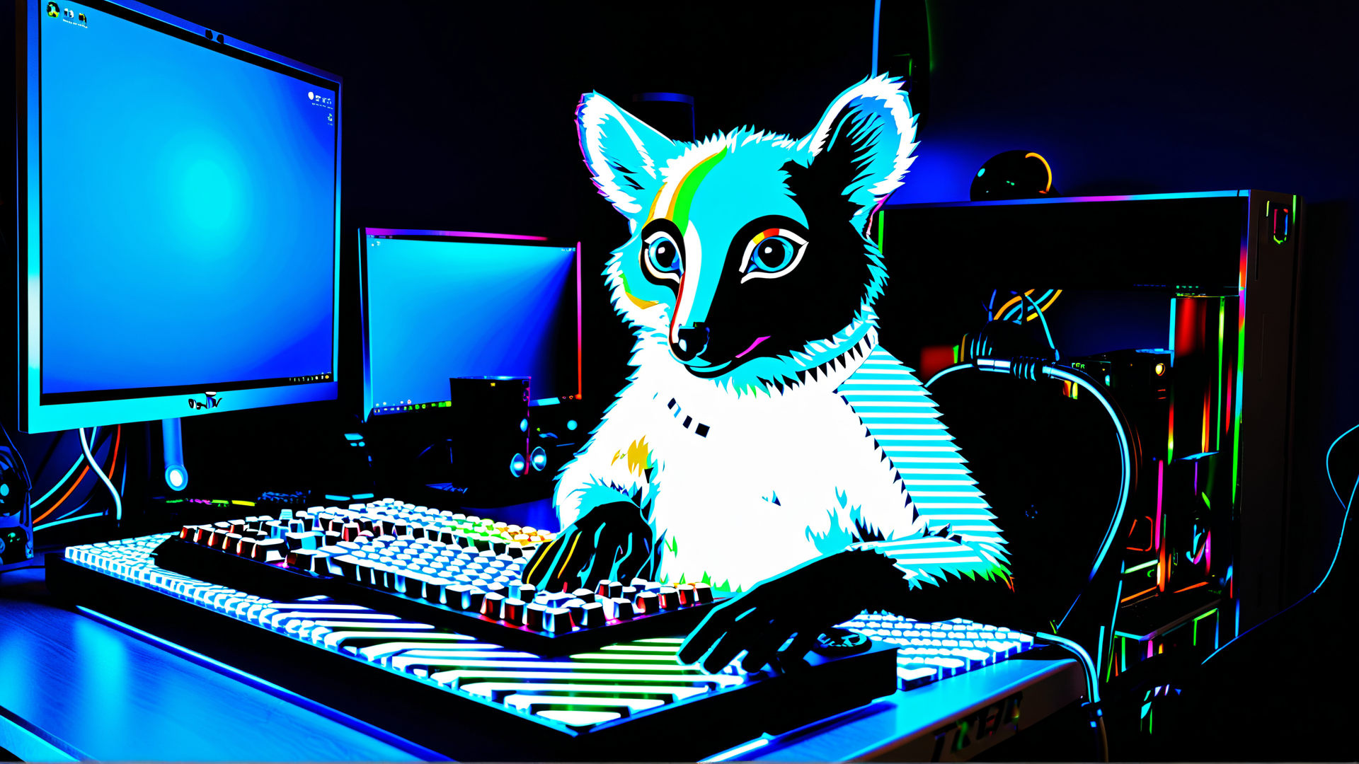 AI generated wallpaper featuring fox, computer, keyboard, monitor, gaming setup