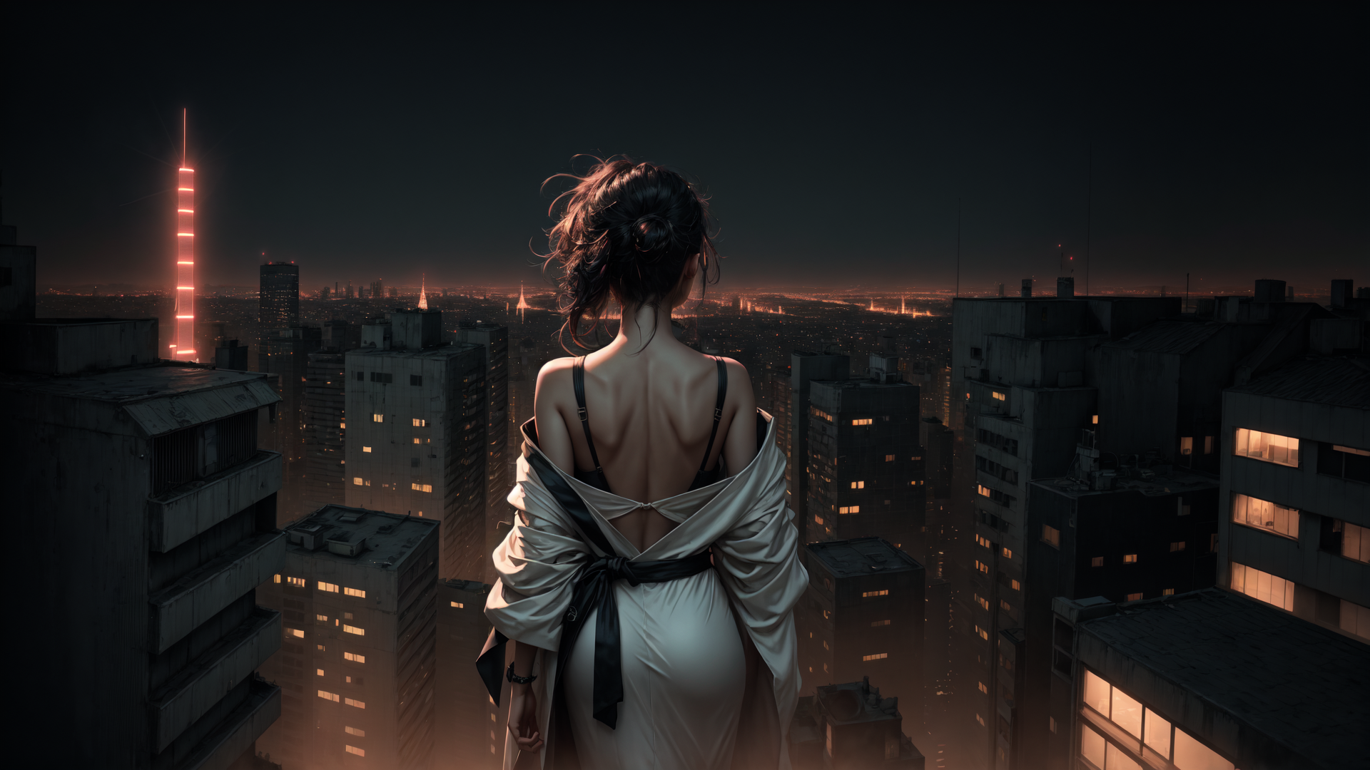 AI generated wallpaper featuring woman, city, tower, buildings, night