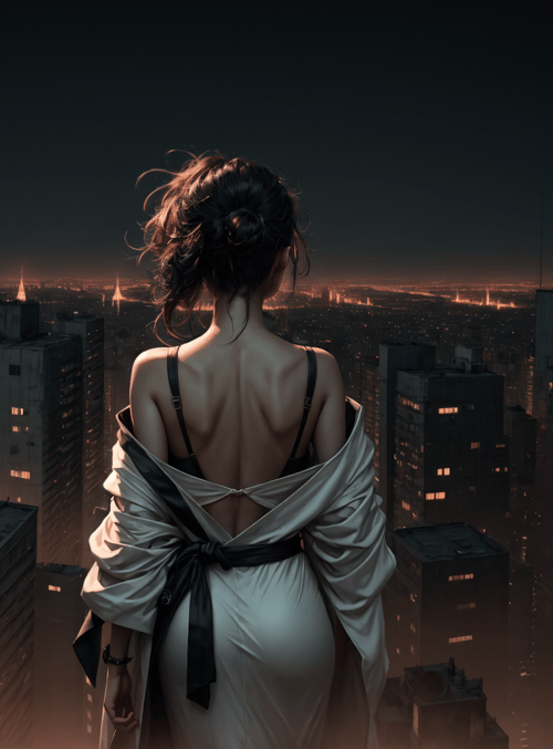 woman, city, tower, buildings, night