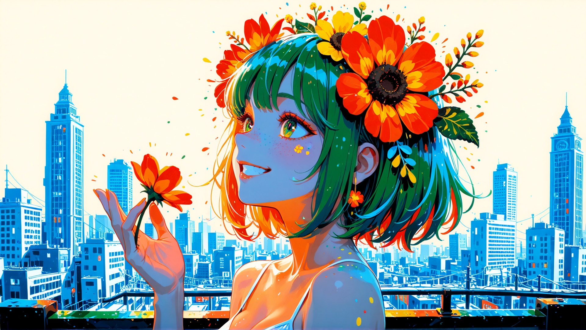 AI generated wallpaper featuring girl, flowers, cityscape, rooftop