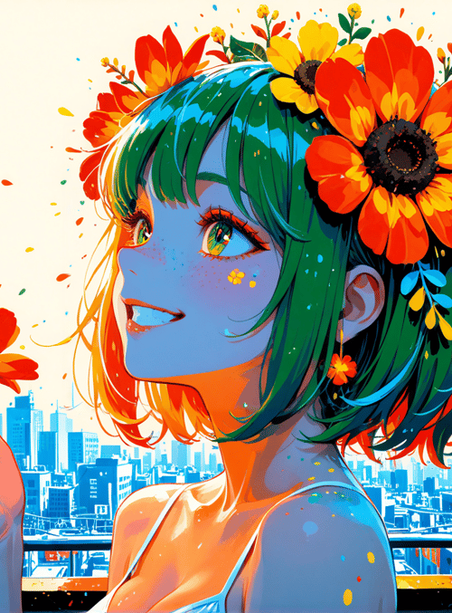 girl, flowers, cityscape, rooftop