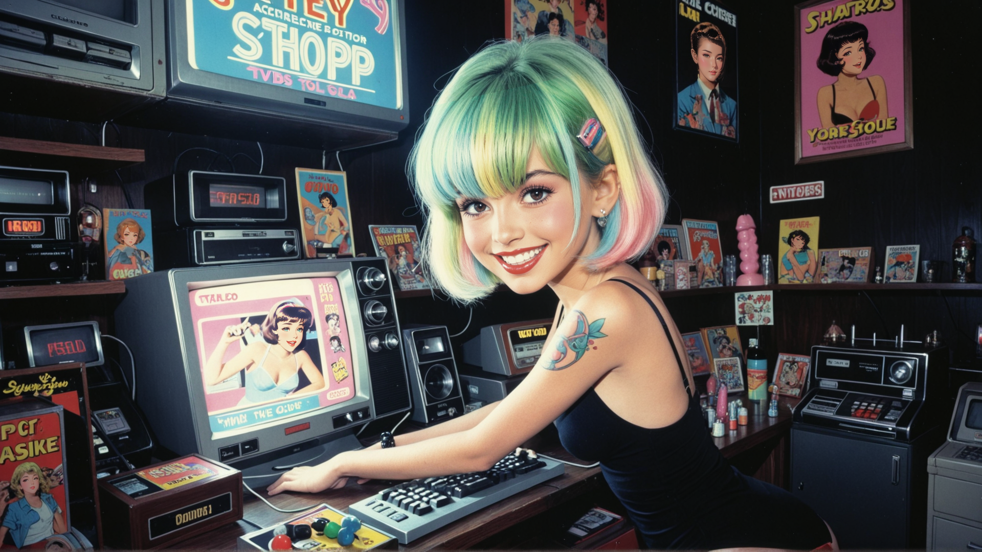 AI generated wallpaper featuring girl, retro, computer