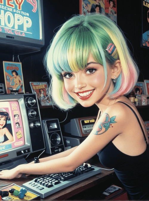 girl, retro, computer
