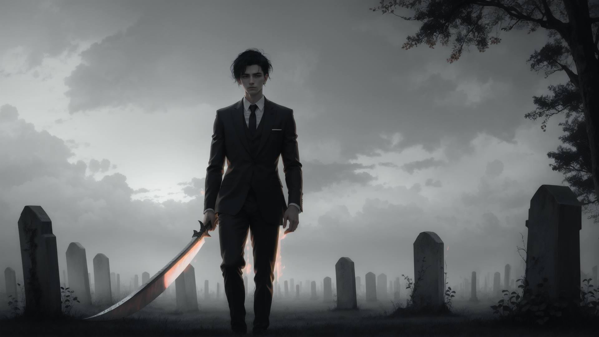 AI generated wallpaper featuring man, sword, graveyard