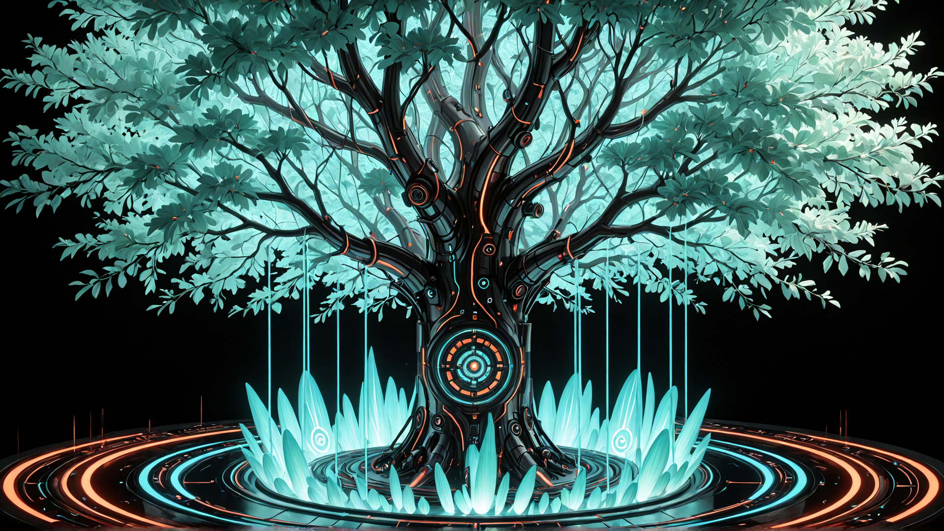 AI generated wallpaper featuring tree, crystal, circuit, leaf, energy, globe