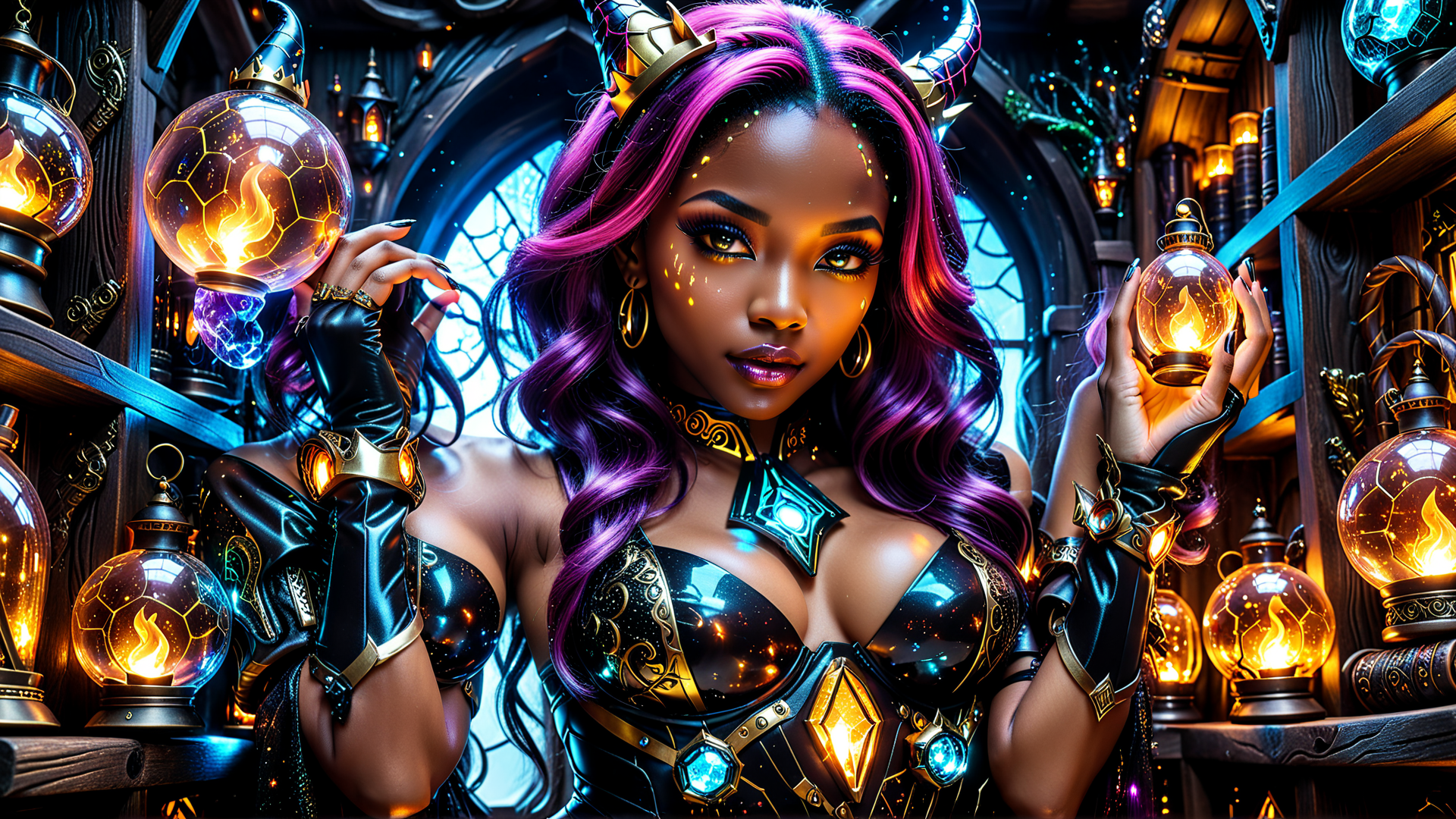 AI generated wallpaper featuring woman, goddess, wizard, lamps, horn, gloves, armor, lights, crown, labyrinth