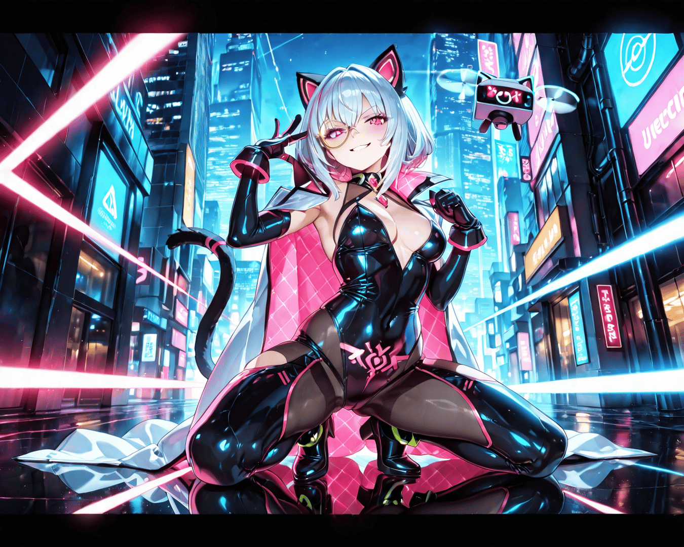 AI generated wallpaper featuring catgirl, anime character, cyberpunk