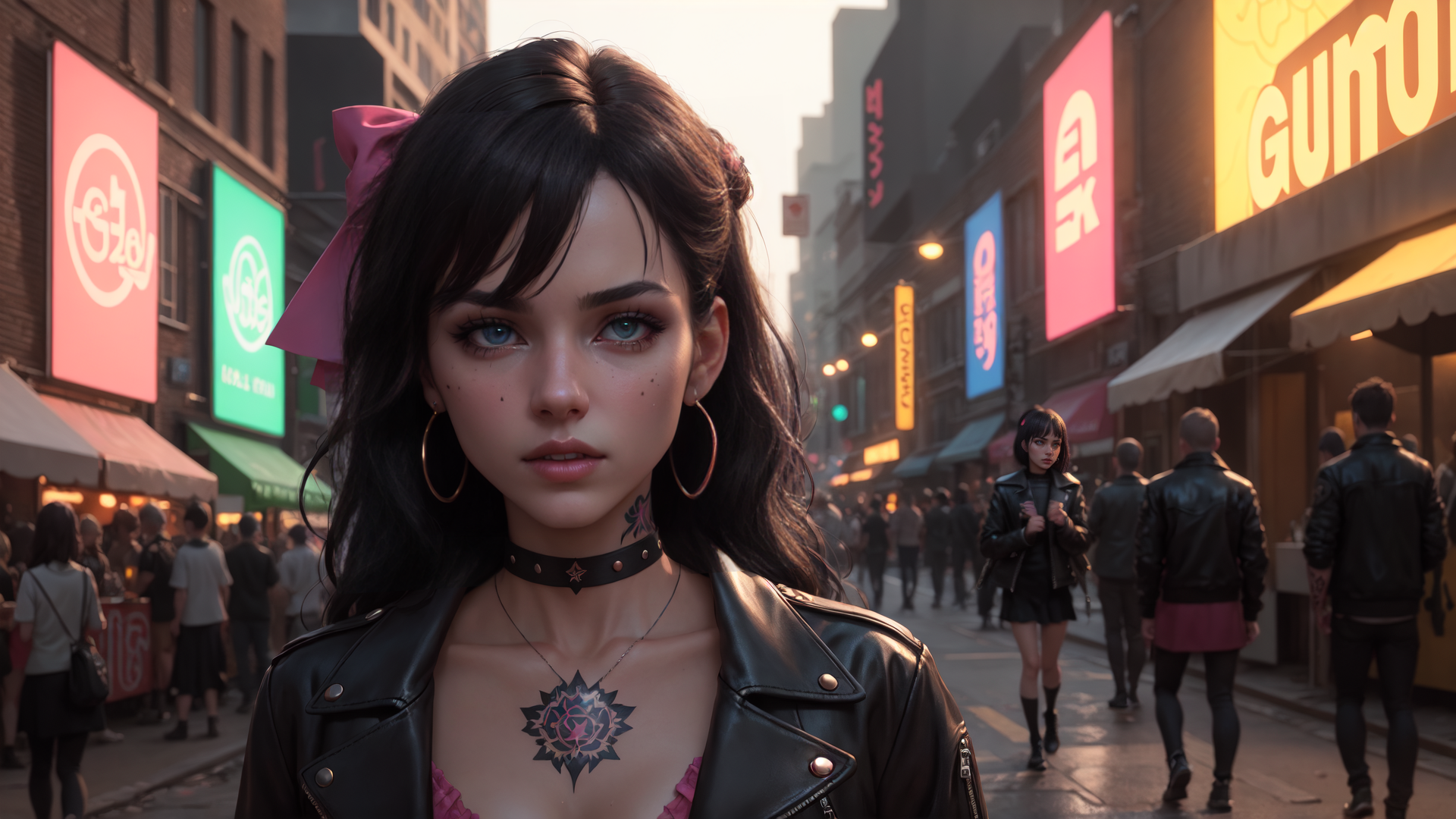 AI generated wallpaper featuring woman, city, street