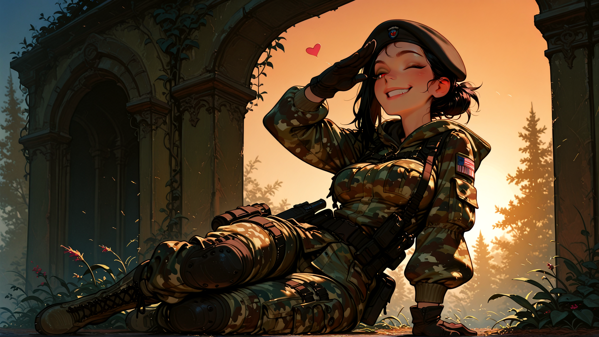 AI generated wallpaper featuring soldier, woman, military uniform, beret, gloves, camouflage, gun, sunglasses, trees, arch
