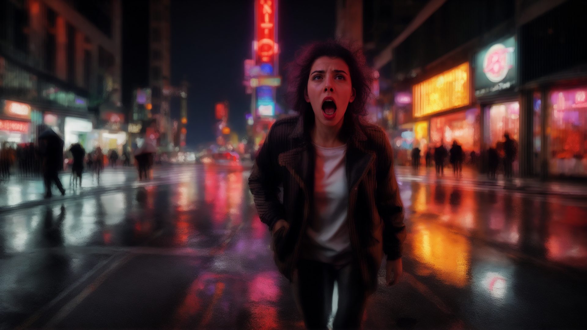 AI generated wallpaper featuring woman, city, night