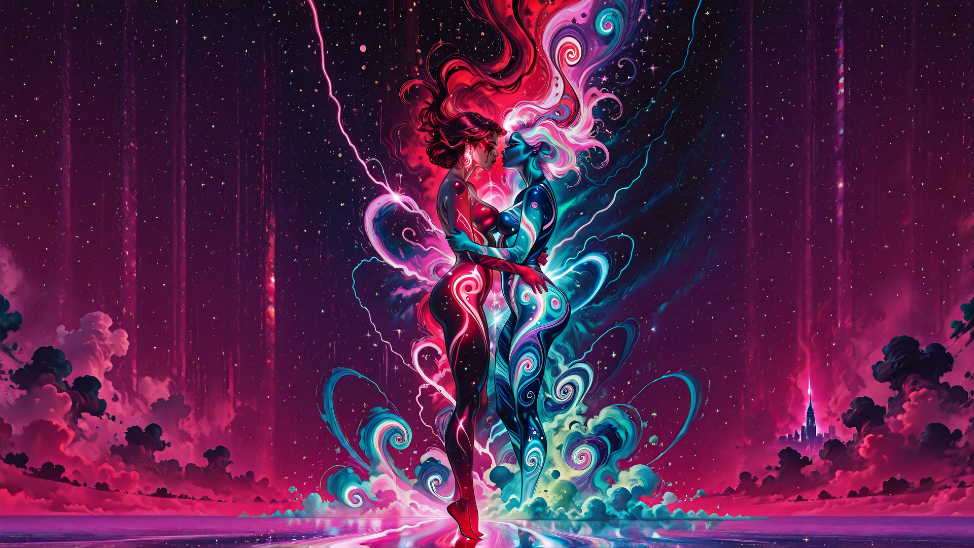 AI generated wallpaper featuring figure, two figures, woman, cosmic, humanoid