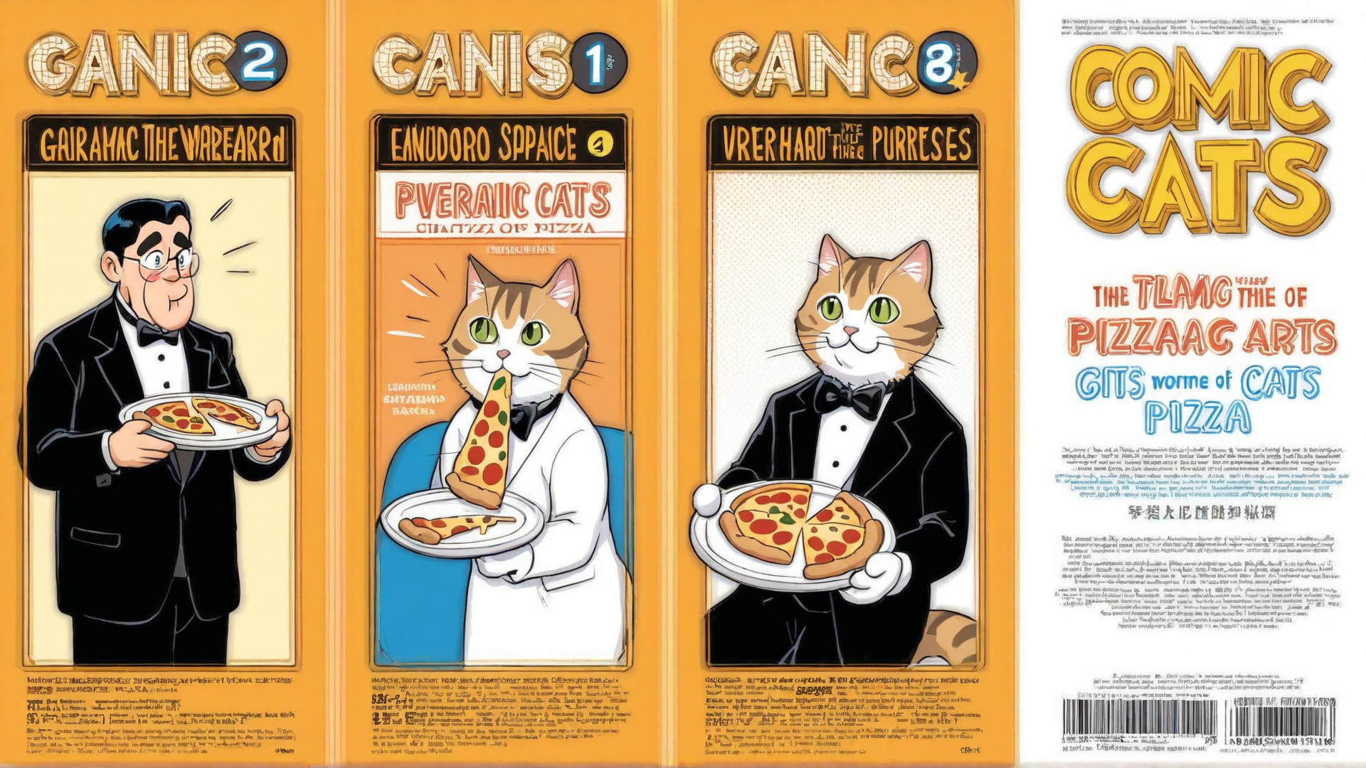 AI generated wallpaper featuring cats, pizza, comics