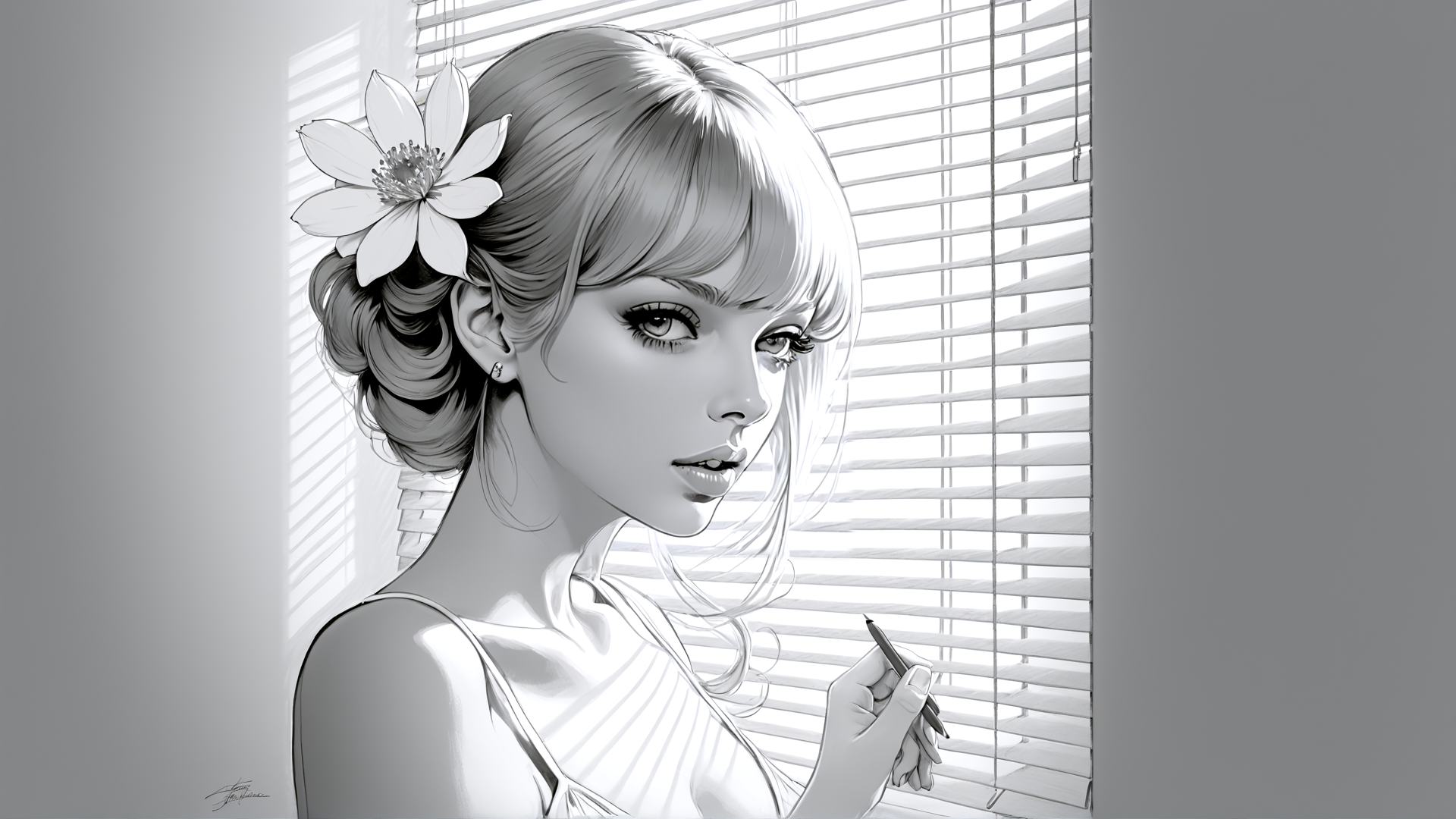 AI generated wallpaper featuring woman, flower, blinds, pen, hair, earring, dress