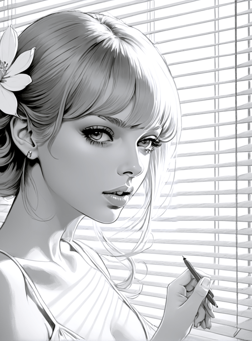 woman, flower, blinds, pen, hair, earring, dress