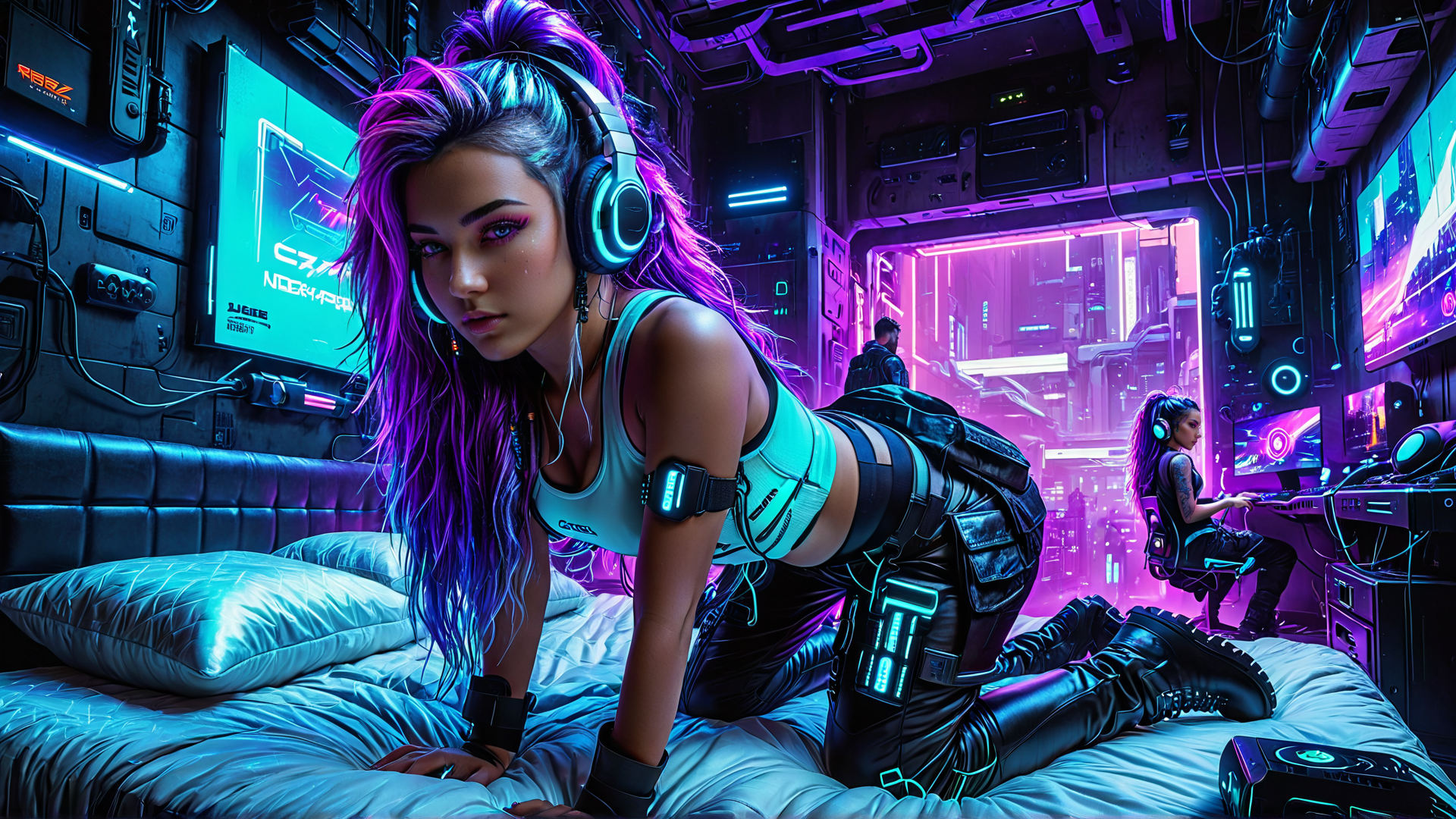 AI generated wallpaper featuring cyberpunk, woman, gamer