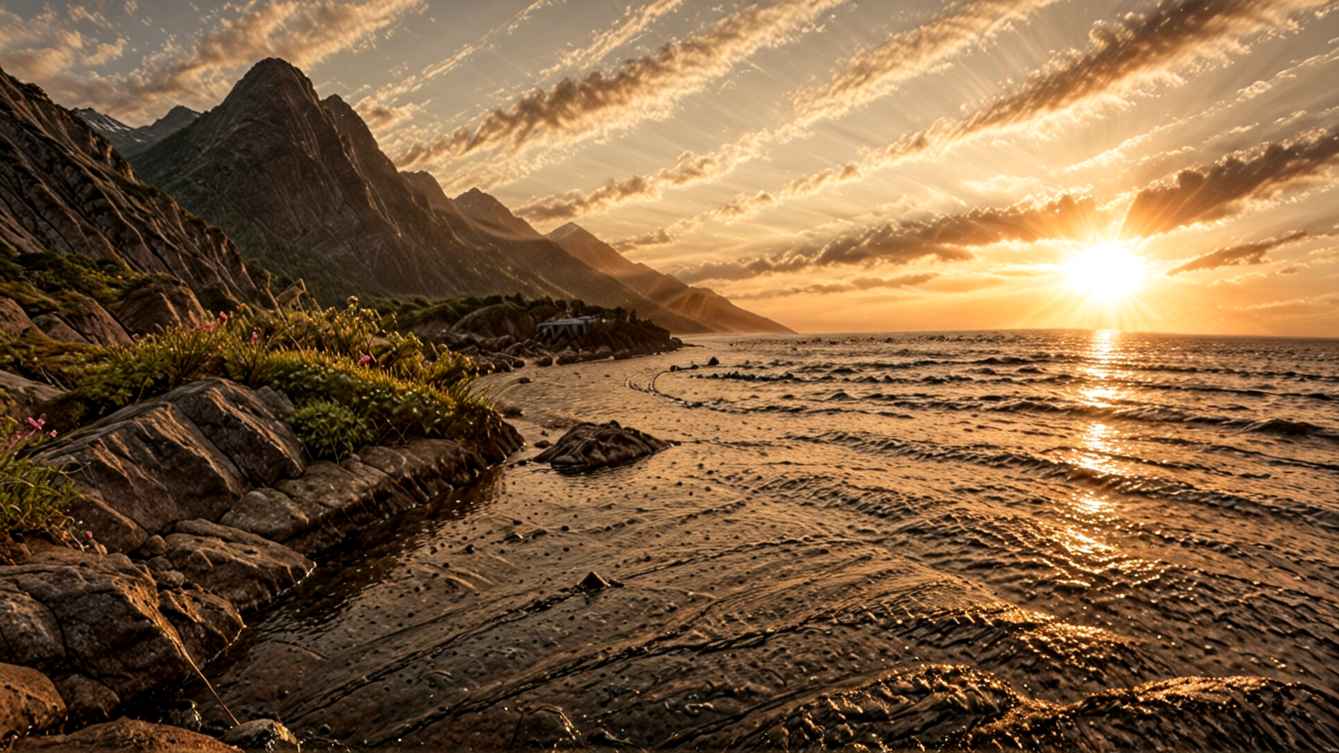 AI generated wallpaper featuring mountain, sun, ocean, rock, cloud, shoreline, sunset, landscape, vegetation, path