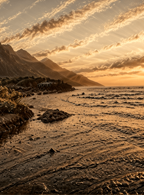 mountain, sun, ocean, rock, cloud, shoreline, sunset, landscape, vegetation, path