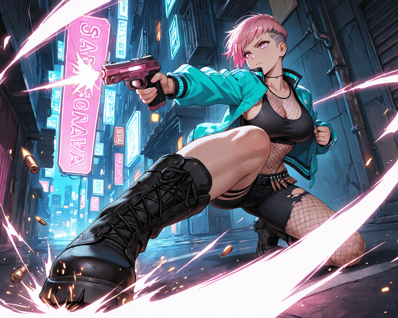 AI generated wallpaper featuring cyborg, punk, gun