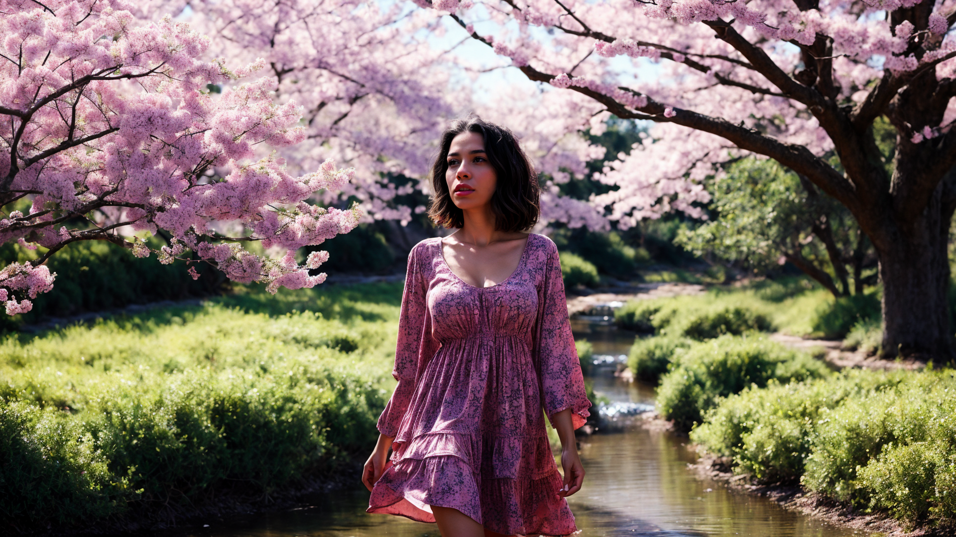 AI generated wallpaper featuring woman, cherry blossoms, river