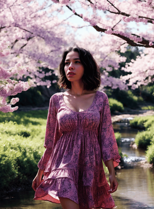 woman, cherry blossoms, river