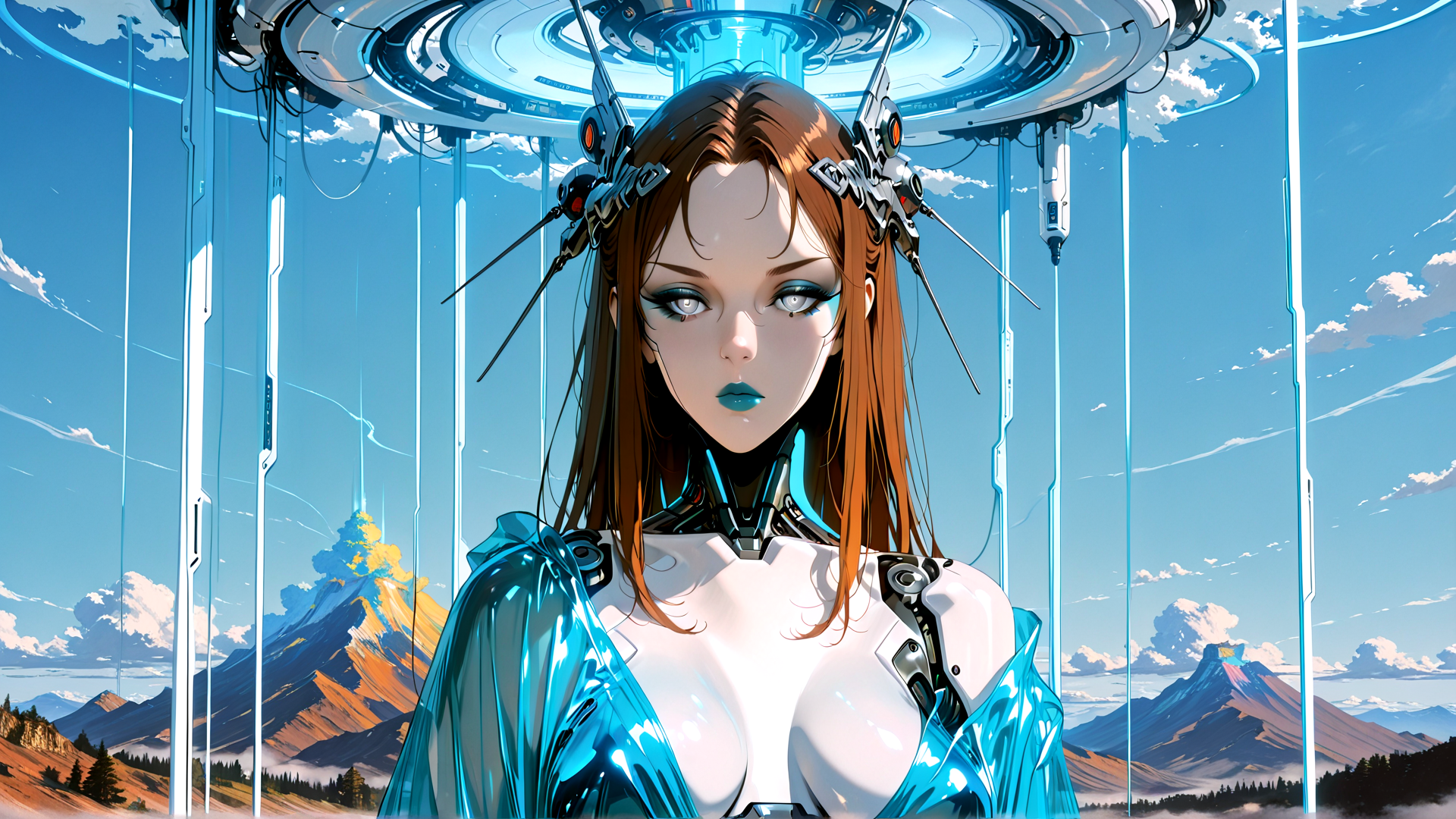 AI generated wallpaper featuring cyborg, woman, robot, mountains, futuristic, headpiece, armor, landscape, technology, sky