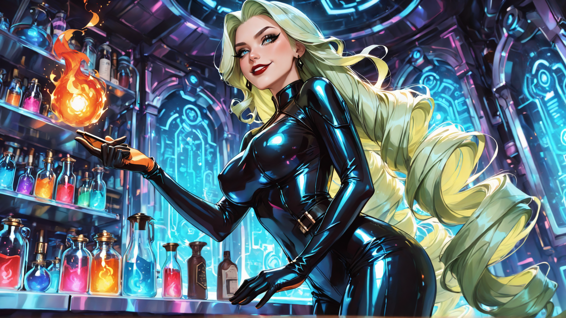 AI generated wallpaper featuring woman, chemist, lab, bottles, flame, gloves, long hair, futuristic, neon, cyberpunk