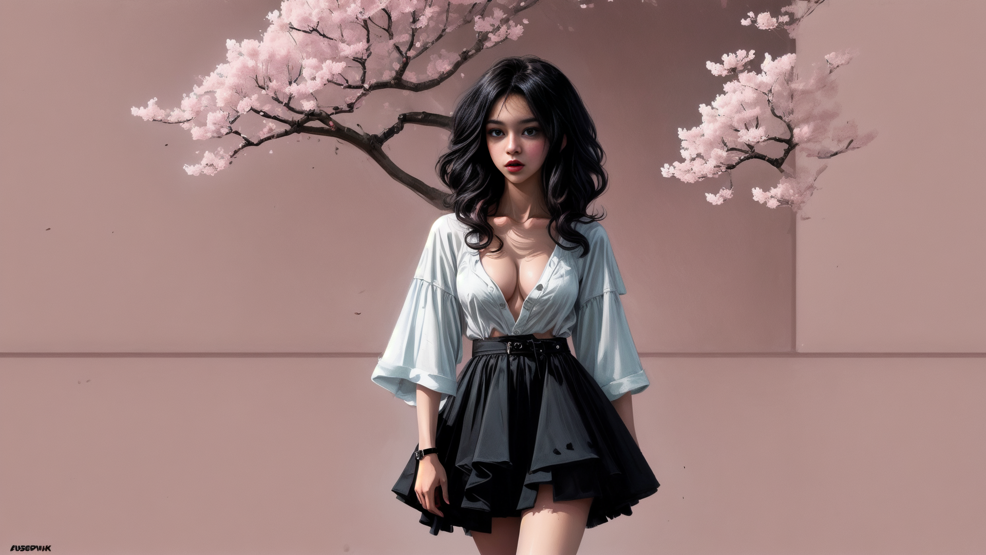 AI generated wallpaper featuring woman, cherry blossoms, wall