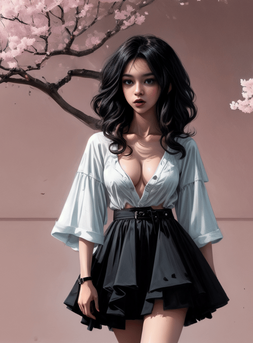 woman, cherry blossoms, wall