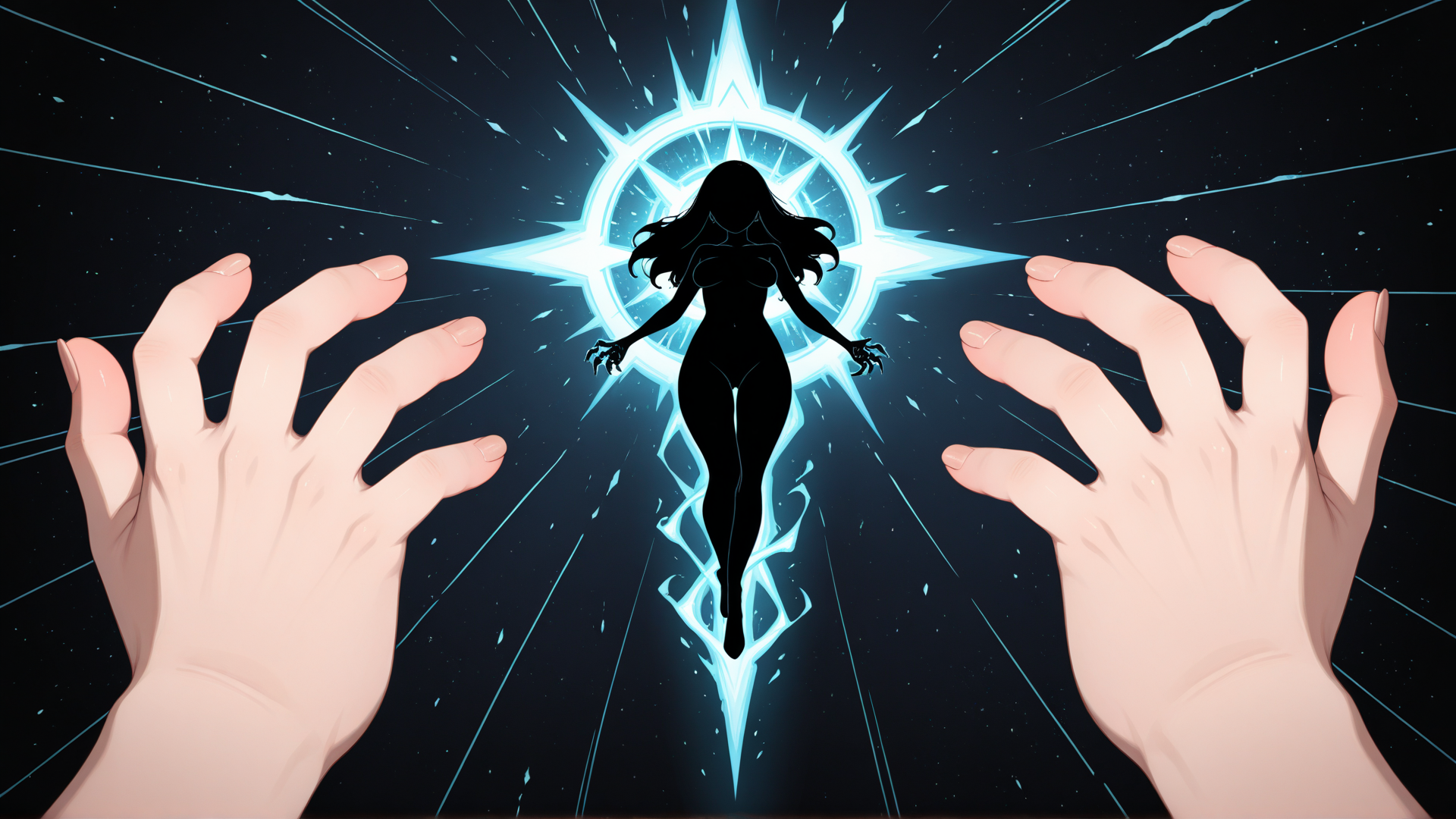 AI generated wallpaper featuring hands, silhouette, woman, star, light, energy