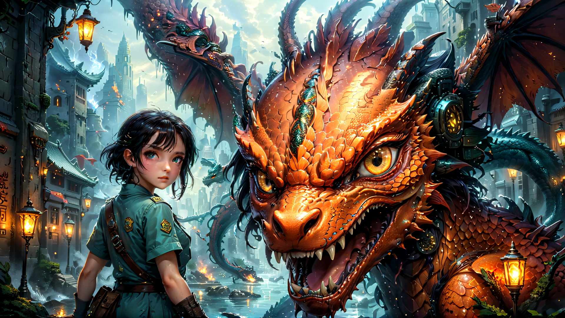 AI generated wallpaper featuring girl, dragon, city, lantern, building