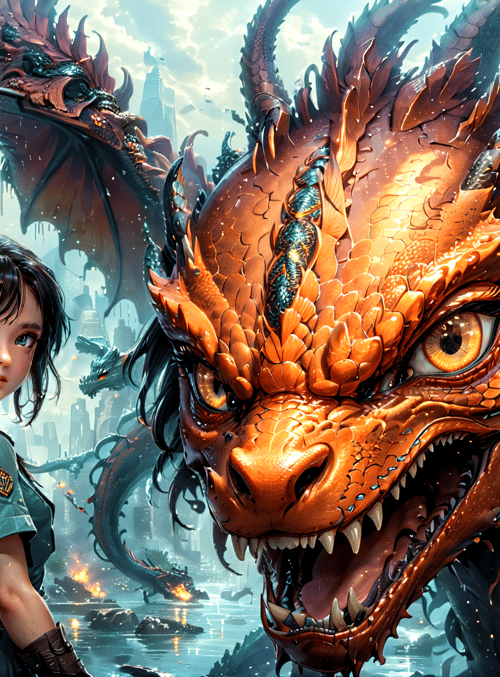 girl, dragon, city, lantern, building