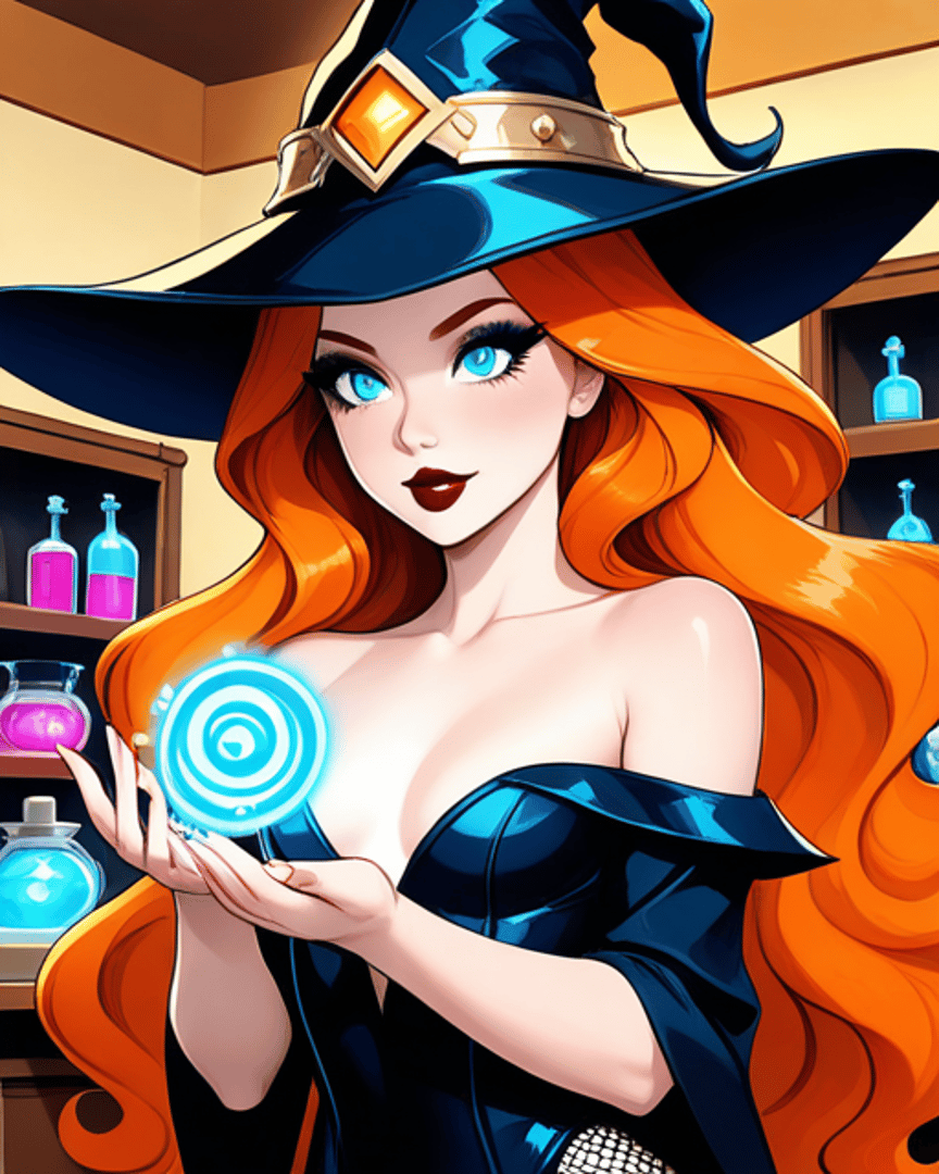 AI generated wallpaper featuring witch, witch hat, glowing orb, bottles, hair