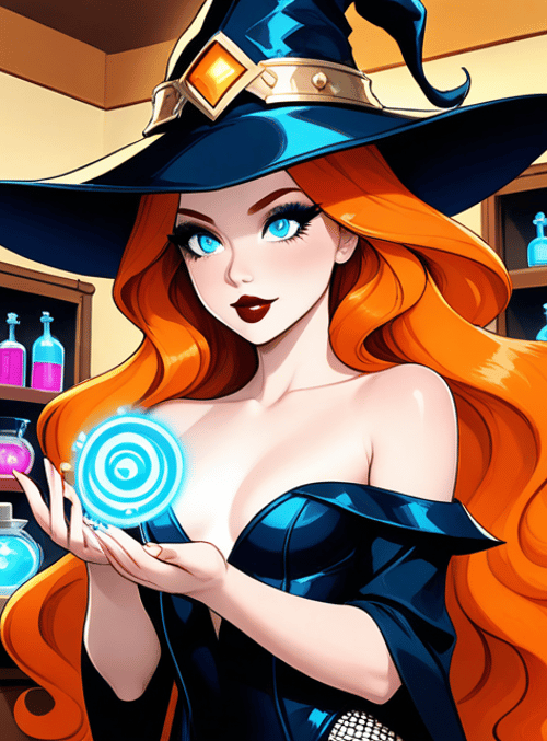 witch, witch hat, glowing orb, bottles, hair