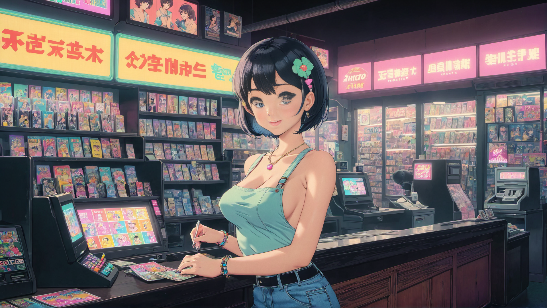 AI generated wallpaper featuring anime girl, magazine store