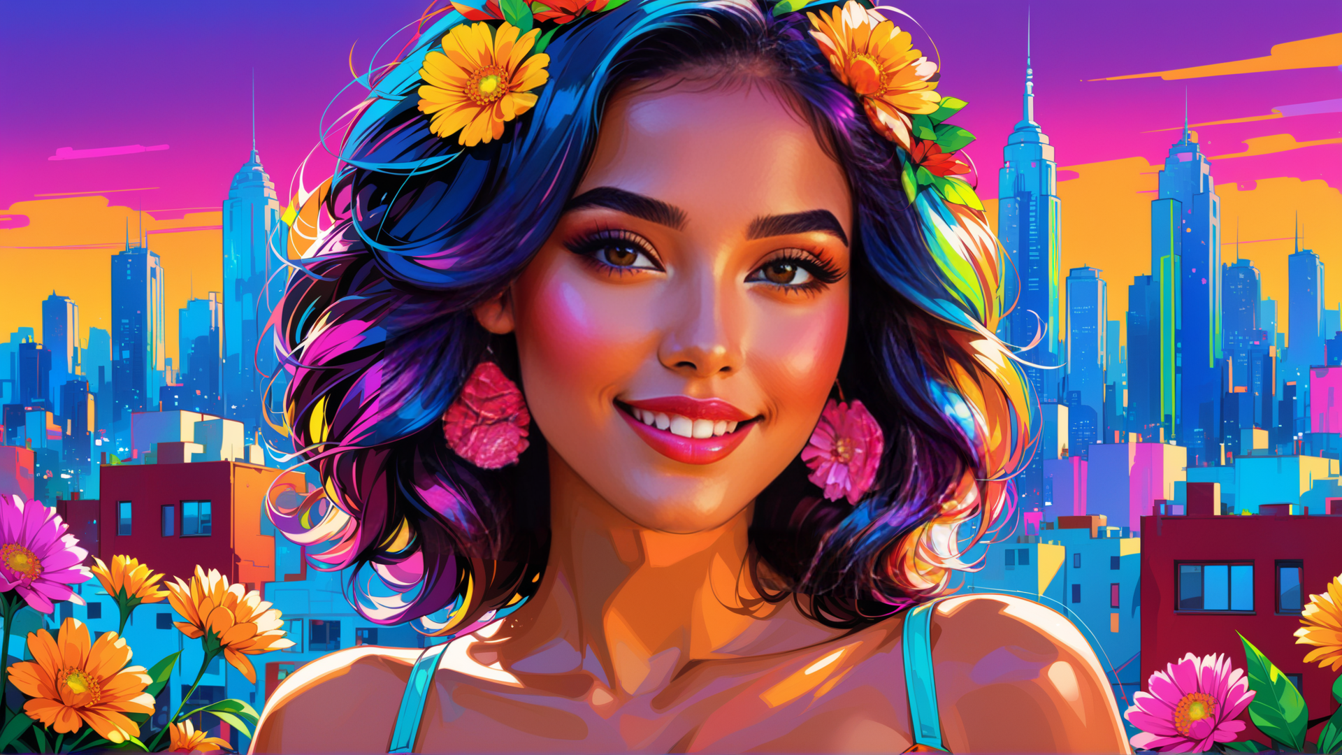AI generated wallpaper featuring woman, cityscape, flowers
