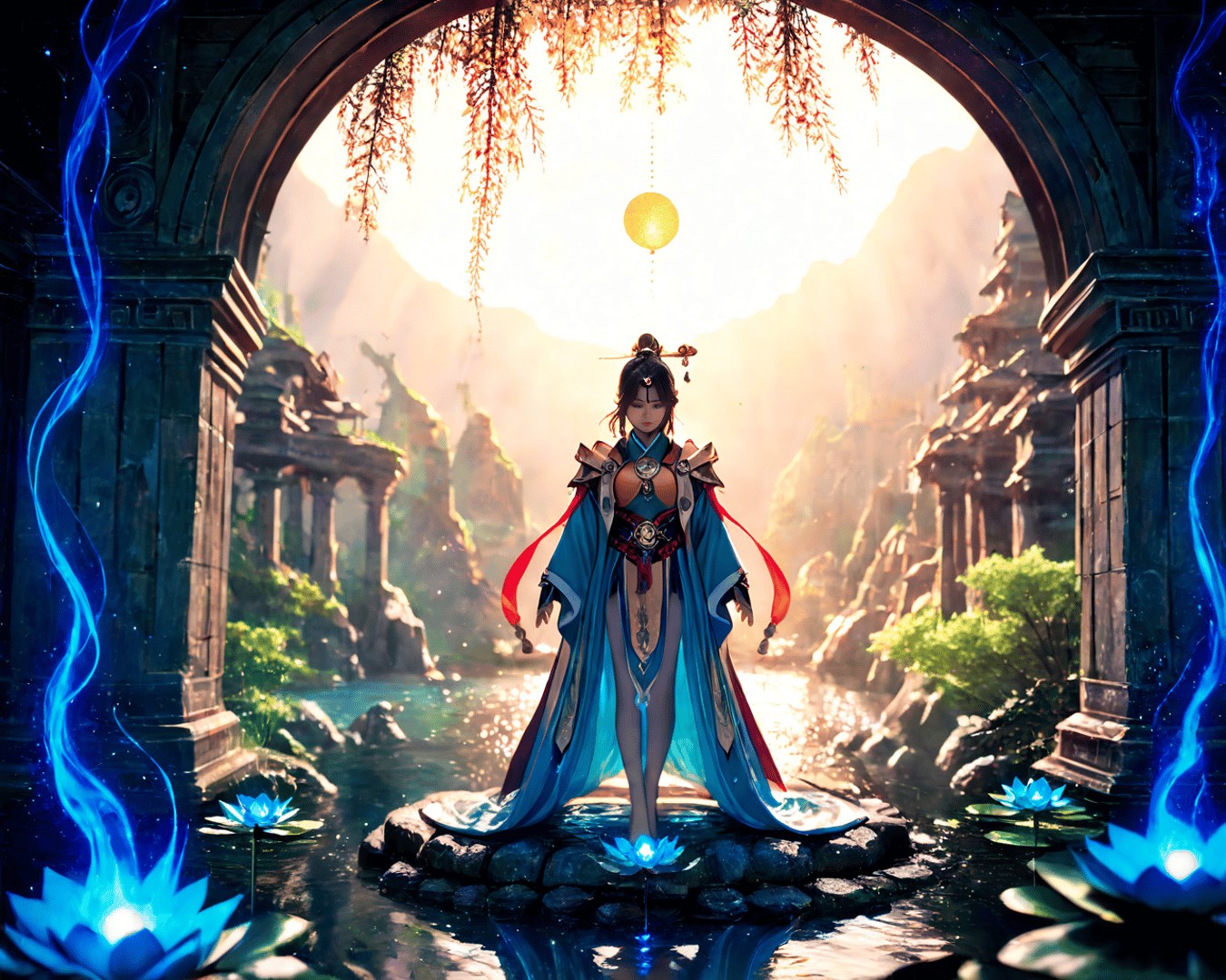 AI generated wallpaper featuring woman, arch, lotus