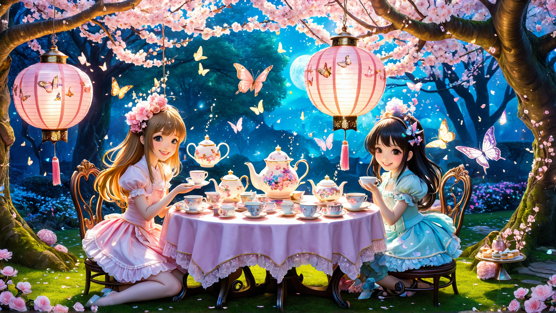 AI generated wallpaper featuring girls, tea party, butterflies