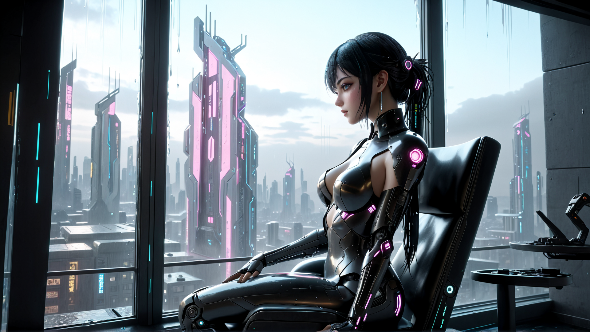 AI generated wallpaper featuring cyborg, woman, cityscape