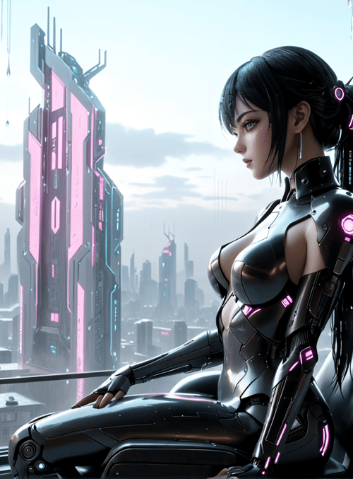 cyborg, woman, cityscape