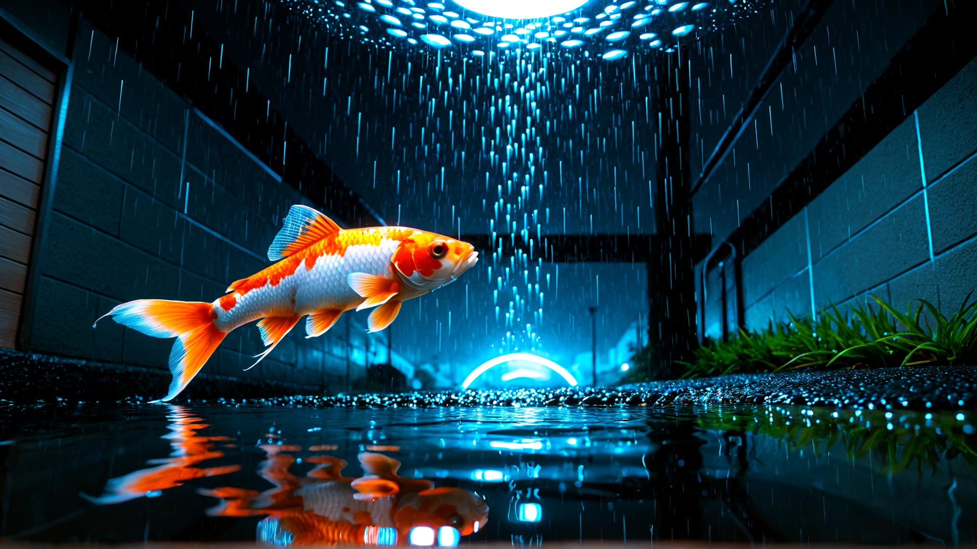 AI generated wallpaper featuring fish, rain, water, reflection, street, light, raindrops, building, grass, pebbles